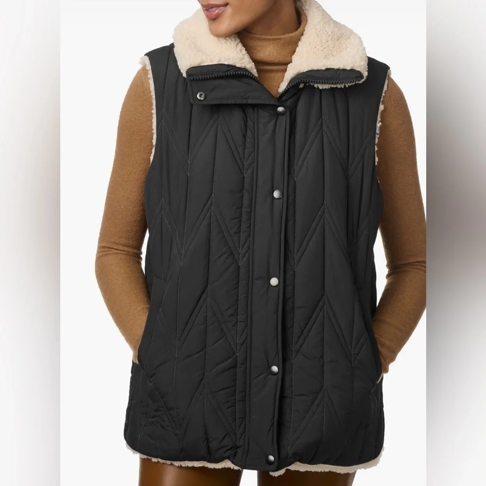 New Bernardo Sherpa Chevron Quilted Vest Faux Shearling Reversible Black